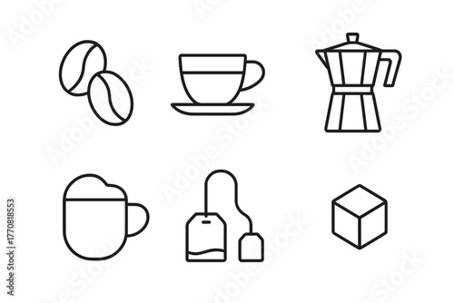 Coffee brewing essentials featuring beans, cups, and brewing tools in a simple design