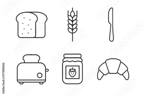 Breakfast essentials including bread, toaster, jam, and croissant presented in a simple design