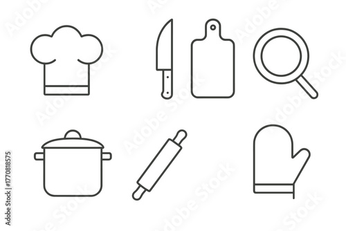 Kitchen tools and utensils arranged in a neat layout for cooking preparation and culinary activities