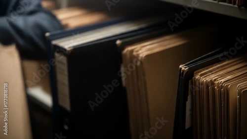 Retrieving Documents: Hands Pulling File from Overflowing Office Filing Cabinet