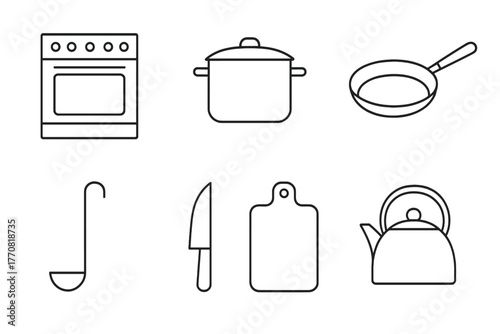 Essentials of a kitchen with stove, pot, pan, ladle, knife, cutting board, and kettle in simple line art style