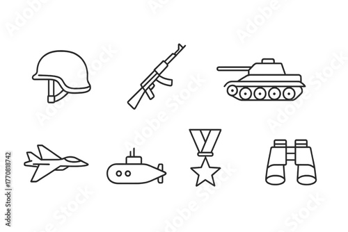 Military symbols and equipment including a helmet, weaponry, and vehicles representing armed forces operations and deployments