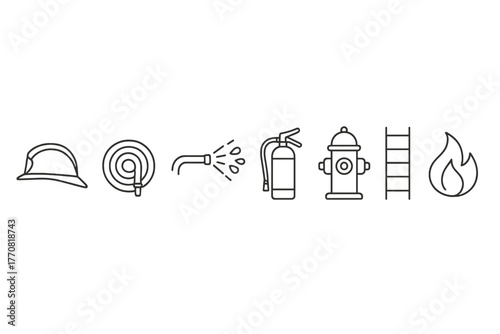 Fire safety equipment including helmet, hose, fire extinguisher, hydrant, ladder, and flames