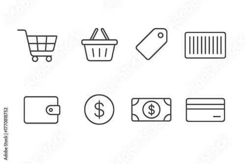 Shopping symbols including a cart, basket, price tag, wallet, coins, cash, and credit card laid out in a minimal design
