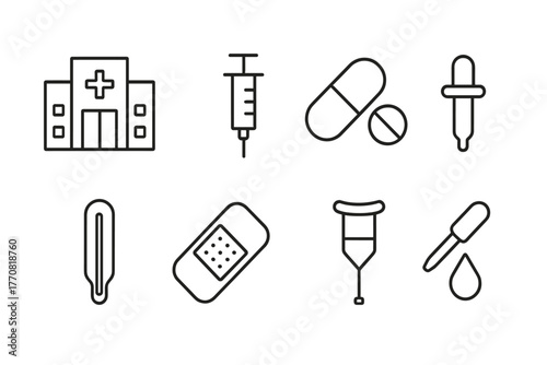 Medical symbols collection featuring hospital, syringe, pills, thermometer, and bandage for healthcare concepts
