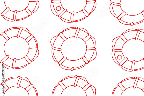 Red Outline Lifebuoys Pattern on White Background