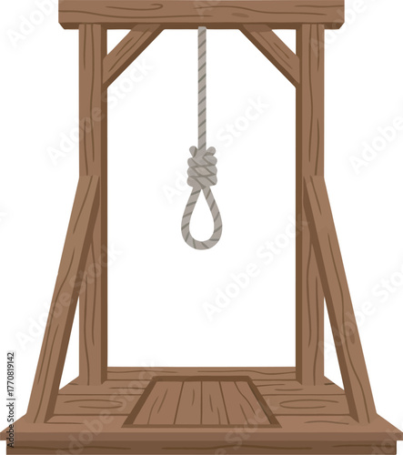 A wooden gallows with a noose hanging down, ready for execution.