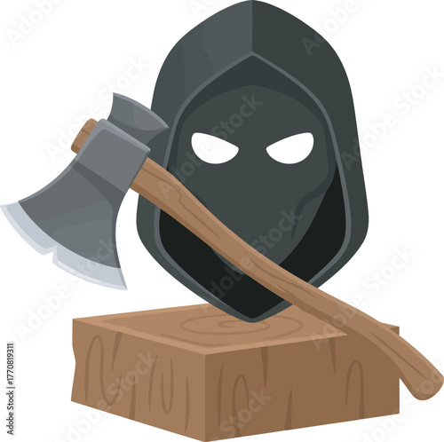 A stylized illustration depicting a executioner's hood, an axe, and a wooden block.