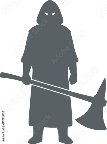 Silhouette of a hooded executioner holding a large axe, ready.