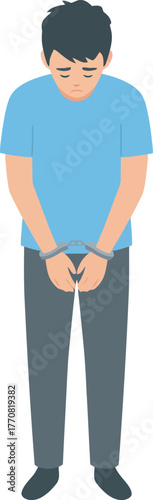 A person in handcuffs, looking down with a sad expression.