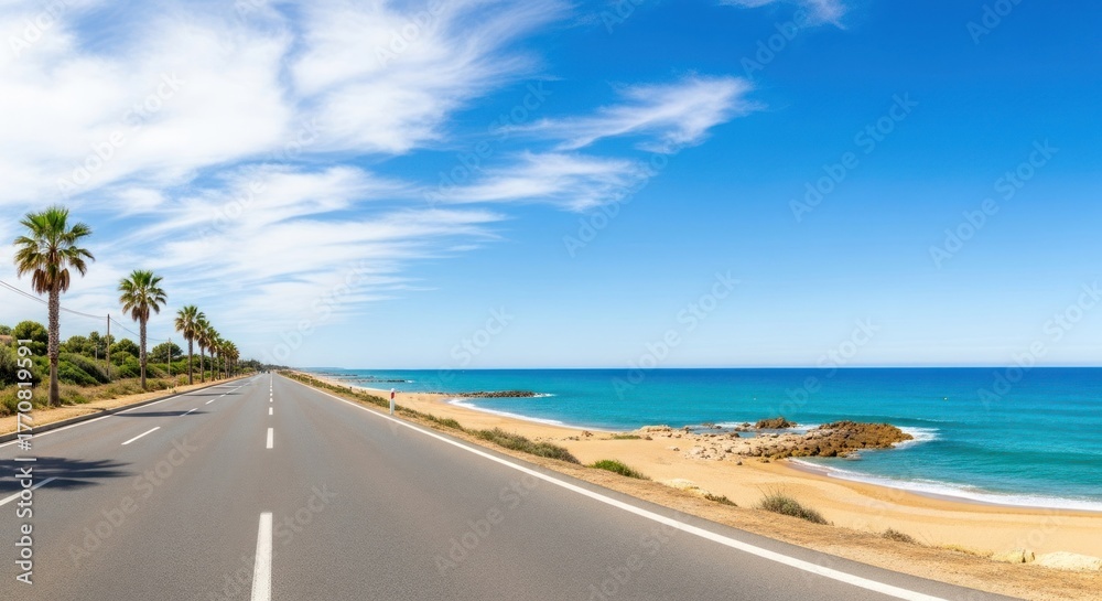 Fototapeta premium Tropical coastal highway stretches along a sandy beach and blue ocean under bright skies