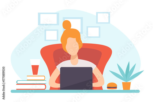 Woman Character Working Process Busy at Workplace Vector Illustration