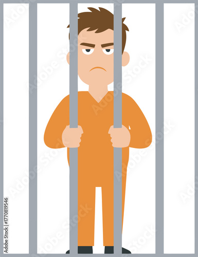 Cartoon man in orange jumpsuit behind bars, looking angry and holding onto the metal bars.