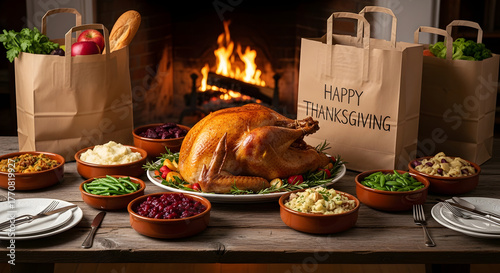 Traditional Thanksgiving dinner table with roasted turkey, side dishes, and grocery bags in front of a cozy fireplace setting, evoking warmth and festivity