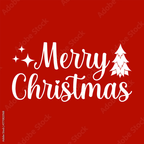Festive Merry Christmas T-Shirt Design with Elegant White Script Typography, Christmas Tree, and Sparkling Stars on Red Background, 
Perfect Holiday Graphic for Gifts, Apparel