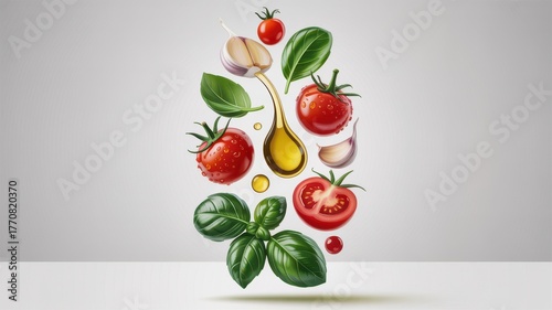 Fresh tomatoes basil and garlic with olive oil food