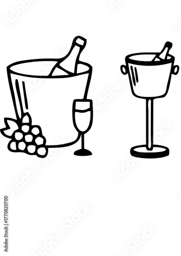 Vector icons of champagne buckets with bottles inside, flat style, festive celebration design