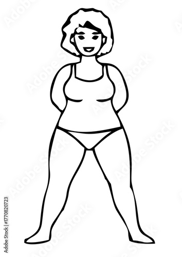 Minimalist linear vector drawing of a full-figured woman, black outline on white background with copy space