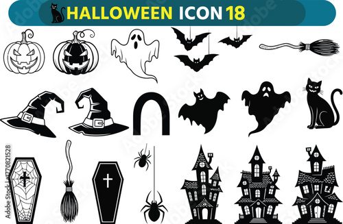 Collection of spooky halloween icons including pumpkins ghosts bats witches hats haunted houses and coffins