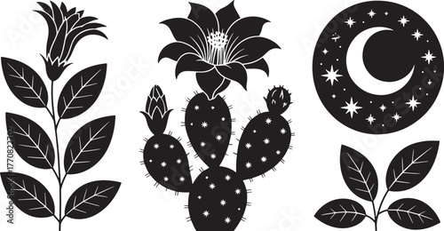 Black silhouette of a blooming cactus with stars and moon and two leafy branches flower prickly pear