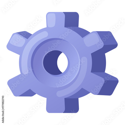 Blue 3D gear icon on white background. Symbol of engineering, machinery, industry, technology, mechanical system, and settings. Perfect for interface, logo, or technical design projects.