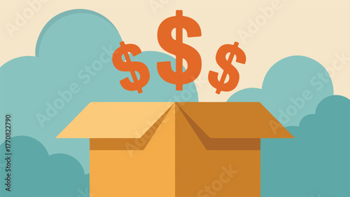 Orange dollar signs emerging from open box against blue clouds money finance