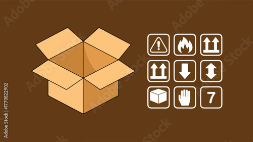 Open cardboard box with shipping symbols warning fire