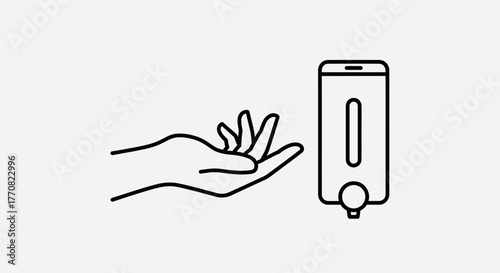 Line drawing of a hand reaching for a wall-mounted dispenser, suggesting hand sanitization or soap application.