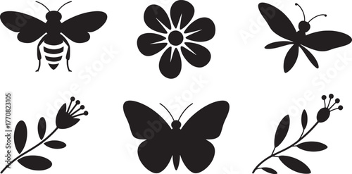 Black silhouette icons of a bee a flower and two butterflies and two branches with leaves bee silhouette