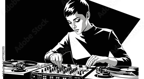 A woman with short hair manipulating a DJ mixer and turntables.