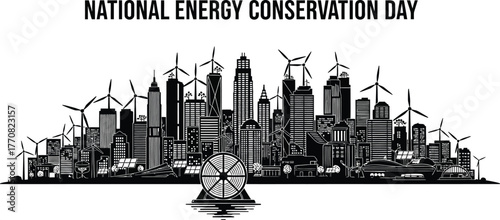 Mark national energy conservation day with a cityscape powered by wind turbines isolated promote sustainable energy and awareness