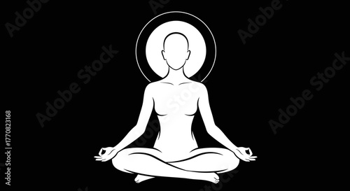 A minimalist illustration of a meditating figure with a halo, in lotus position.