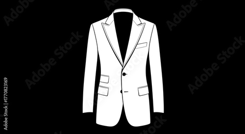 A clean, white illustration of a tailored men's suit jacket on a solid black background.