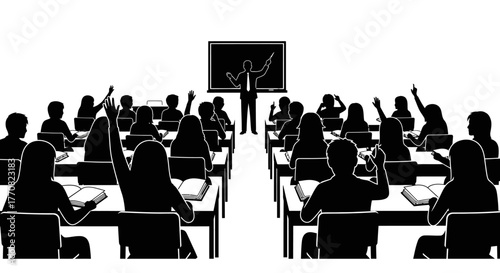 Silhouette of teacher lecturing students in a classroom setting, with raised hands.
