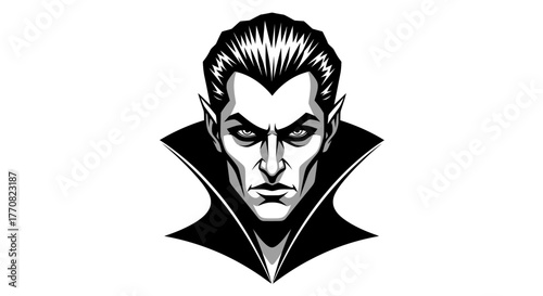 Vampire portrait with sharp features, pointed ears, and a dramatic collar, rendered in a black and white vector style.