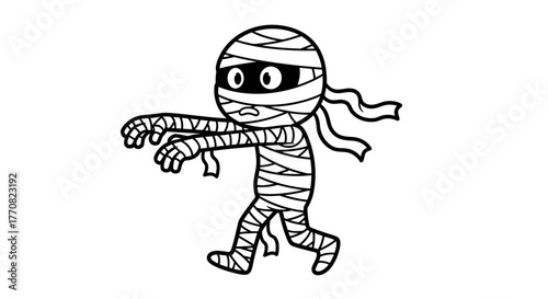 Cartoon mummy figure walking with arms outstretched, wrapped in bandages.
