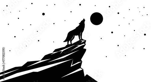 Silhouette of a wolf howling at the moon atop a rocky cliff against a starry night sky.
