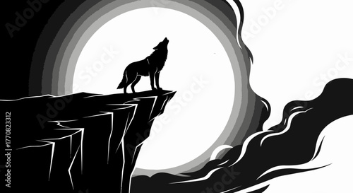 Silhouette of a wolf howling on a cliff against a large, bright moon and stylized clouds.