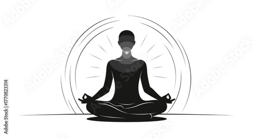 Silhouette of a person meditating in lotus position with radiating lines behind them, symbolizing peace and mindfulness.