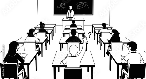 Classroom scene showing a teacher lecturing students, with one student raising their hand.