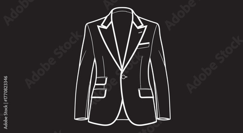 White outline drawing of a suit jacket with pockets and a button on a black background.