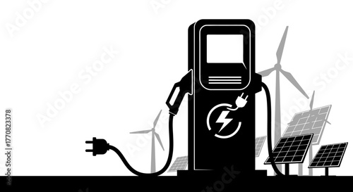 Silhouette of an electric vehicle charging station with renewable energy sources.