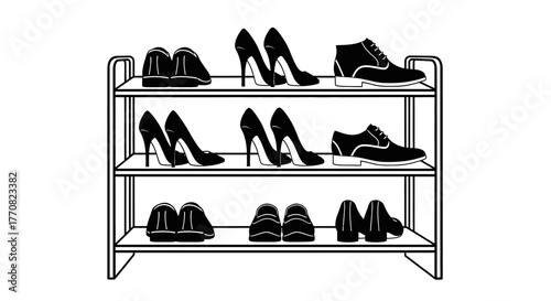 Black and white illustration of a three-tiered shoe rack filled with various styles of shoes.