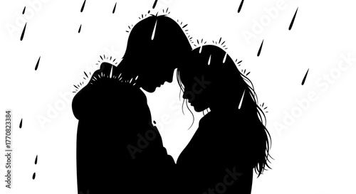 Silhouette of a couple embracing in the rain, heads touching, in a monochrome illustration.