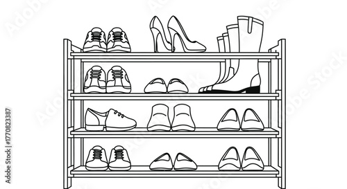 A shoe rack illustration with various types of footwear arranged on its shelves.
