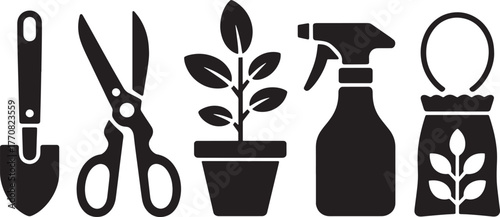 Black silhouette icons of gardening tools and plant in a pot scissors