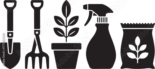 Black silhouette icons of gardening tools plant pot spray bottle and fertilizer bag vector
