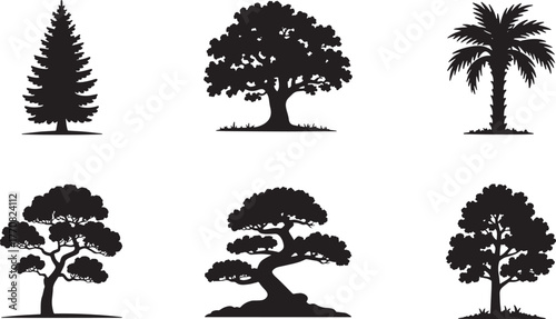 Six black tree silhouettes including pine palm oak and bonsai on white background pine tree palm tree