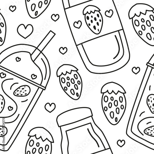 Seamless pattern with hand drawn outline milkshakes and smoothies with strawberries. Cute background with summer drinks.