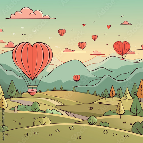 A cartoonish, romantic illustration featuring a large red heart-shaped balloon flying over a picturesque landscape.
